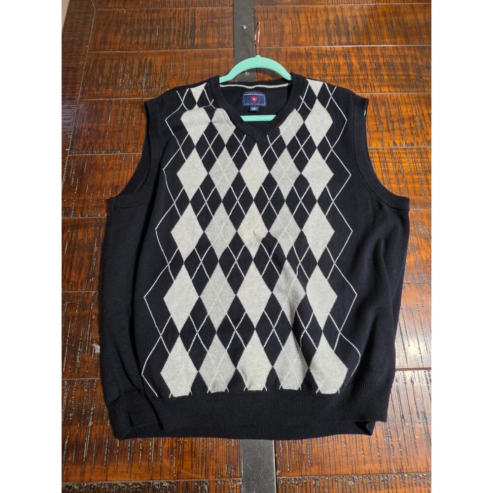 Saddlebred Men's Black Gray Sweater Vest Size Large 100% Cotton